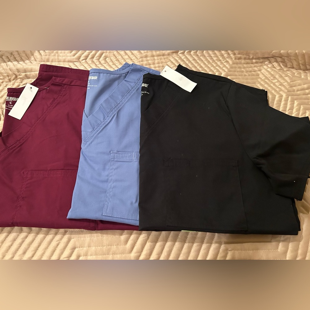 3 Unisex Scrubstar Scrub Tops Size Small NWT  Black + Blue + Burgundy